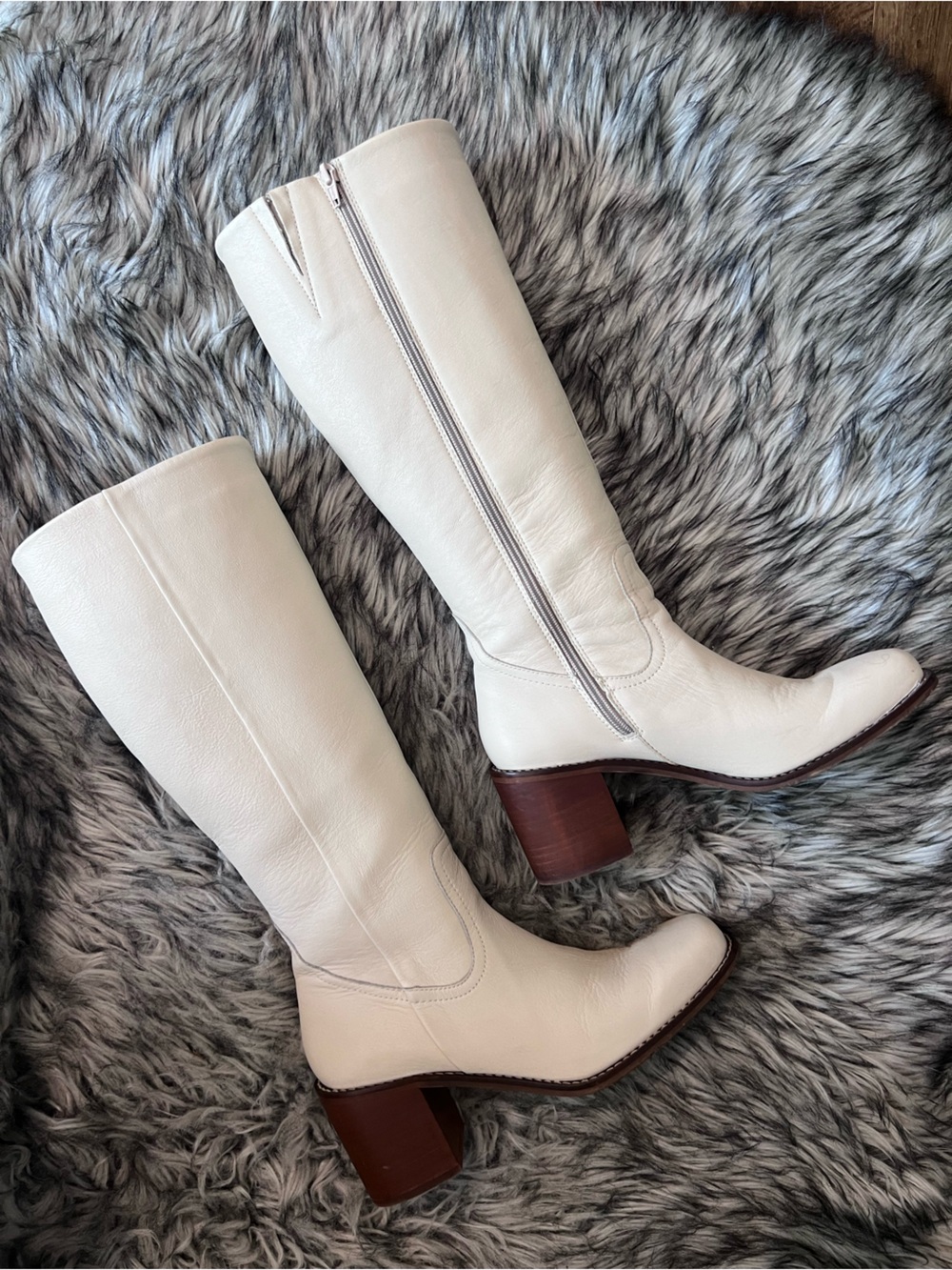 Women's Patina Portland Leather Co Cream Leather Knee-High Boots with Block Heel